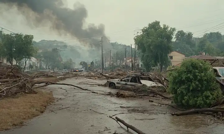 Paisaje asolado con edificios desmoronados, árboles desarraigados, inundaciones, líneas de energía caída, humo que sale de incendios, gente corriendo, coches volcados, calles llenas de escombros