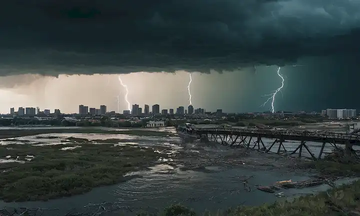 Un puente roto sobre un paisaje devastado, con aguas llenas de escombros en primer plano, y un paisaje urbano distante con edificios dañados, en medio de un oscuro cielo tormentoso con nubes oscuras, relámpagos hacia abajo