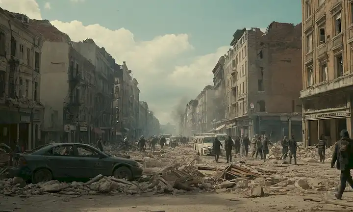 Paisaje urbano 3D con edificios dañados, calles escombros, gente huyendo o atrapada, servicios de emergencia llegando, nubes de polvo y escombros, un sentido del caos y la destrucción