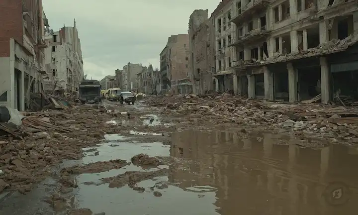 ruinas de edificios, calles de ciudades inundadas, paisaje lleno de escombros, catástrofes naturales, emergencias en acción, esfuerzos de rescate en curso, daños catastróficos, zonas de destrucción, infraestructura destrozada, medio ambiente dañado, caos posterior al desastre