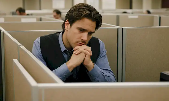 Hombre en un cubículo, contemplando dejar el trabajo debido a la adicción al trabajo. Un debate sobre si el apólogo obrero o apasionado para el trabajo describe al individuo involucrado.