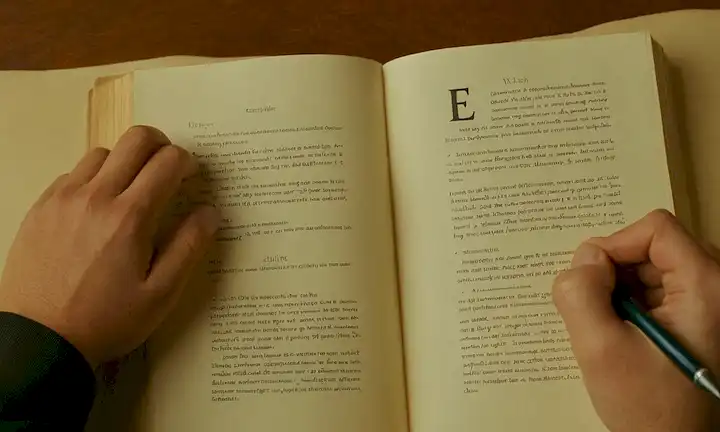 Persona frente a un libro abierto con dos manos, una con una pluma y la otra formando la letra e como un acrónimo para el trabajo, sugiriendo que están aprendiendo sobre la gestión de hábitos laborales. La frase podría traducirse literalmente o metafóricamente (evitando la adicción al trabajo), enfatizando el contraste entre la pasión (workaholic, simbolizada por ó) y la dedicación (work); ilustrando cómo el enfoque en el trabajo puede conducir a hábitos perjudiciales.
