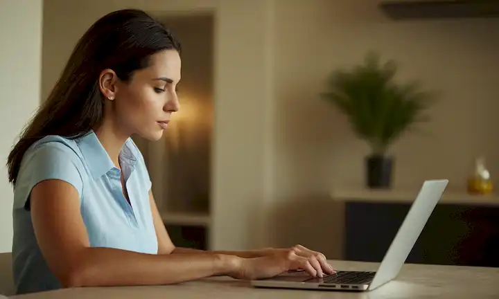 Hombre o mujer trabajando en un portátil con líneas borrosas entre trabajo y vida personal. La frase es potencialmente en español y puede traducirse a: El impacto del alcoholismo en la salud del trabajador adicto o apasionado: Descubra si su dedicación al trabajo es saludable o adictivo.