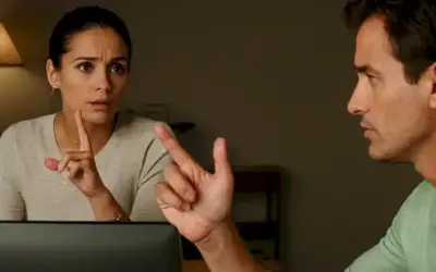 El hombre mirando fijamente a su pantalla del ordenador mientras la mujer da consejos con gestos de mano. Texto español superpuesto. ¿Es saludable o una adicción? ¡Averiguar descubriendo!.