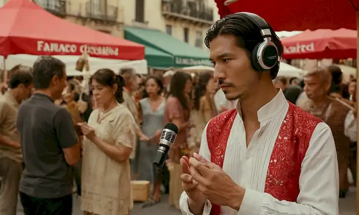 Hombre japonés con audífonos, enfocado en su grabadora mientras estaba de pie delante de un artista de performance callejera con traje flamenco tradicional. Las notas son traducidas al español por un interlocutor a su lado. El título se traduce en Notas adicionales: La Obsesión Flamenca que lo llevó a la calle.